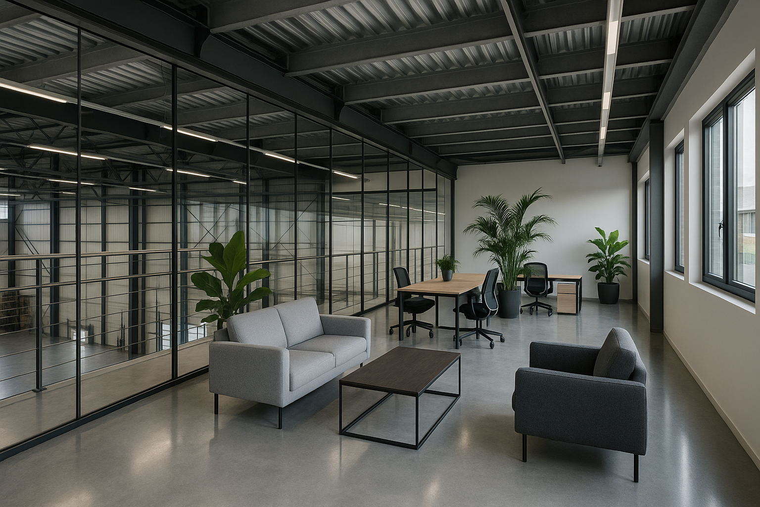 Biuro w hali magazynowej — open space z widokiem na halę