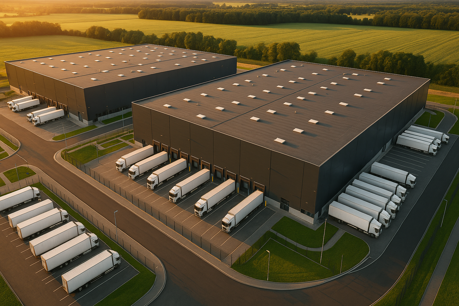 Centrum logistyczne z lotu ptaka — hala magazynowa klasy A