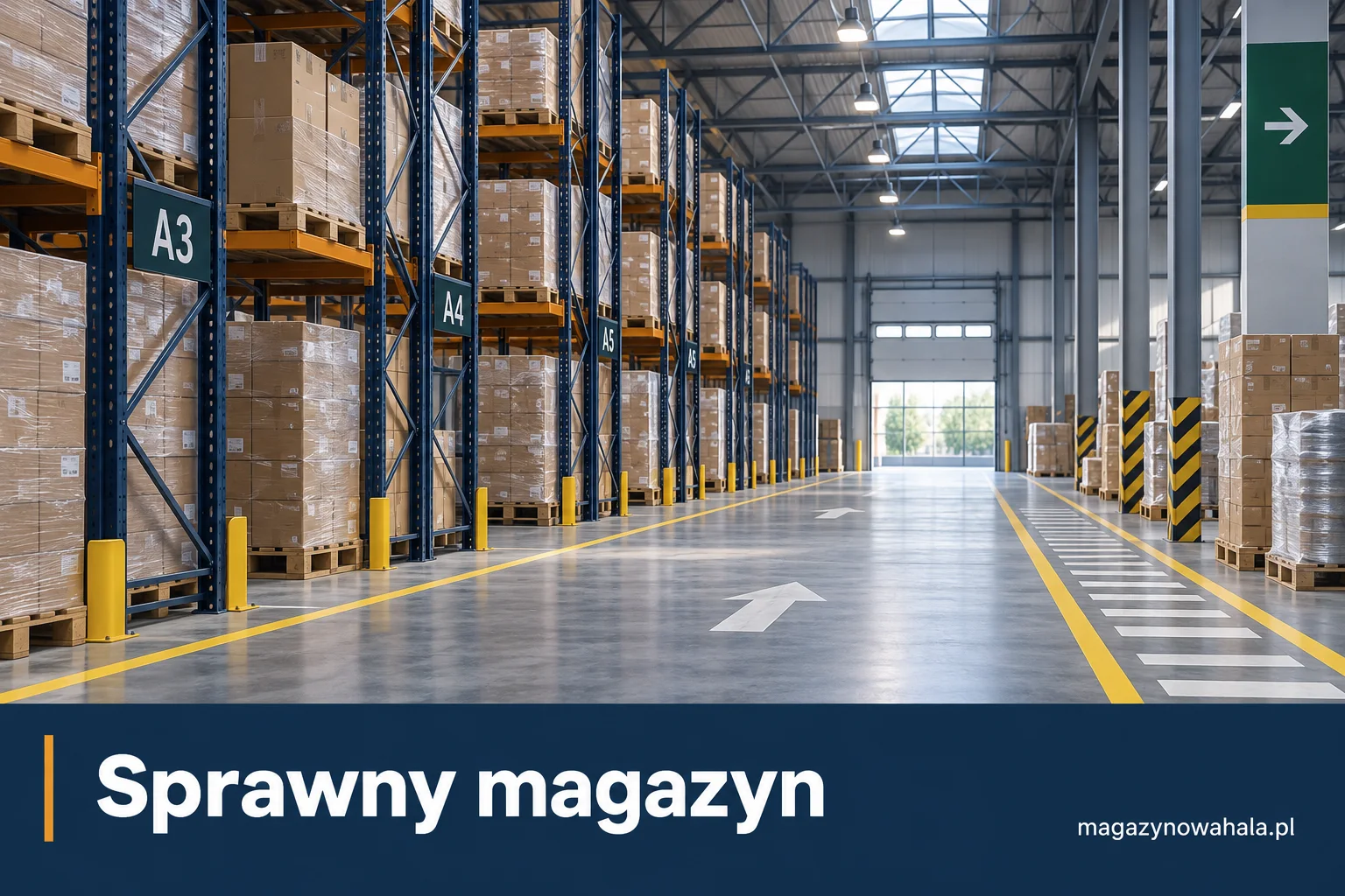 Ilustracyjna wizualizacja wnętrza magazynu z regałami paletowymi i oznakowanym przejazdem. Okładka poradnika: Ile bram potrzebuje hala magazynowa.
